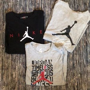 3 Air Jordan tee shirts, 2 gray and 1 black, youth large